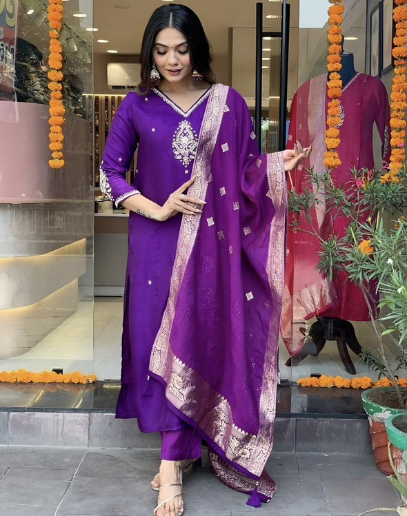 Purple cotton silk embroidered straight kurta set with dupatta - Prisachi Official