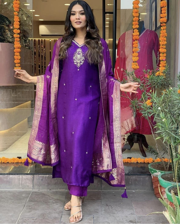 Purple cotton silk embroidered straight kurta set with dupatta - Prisachi Official