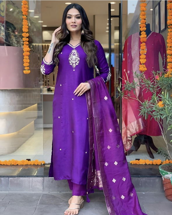 Purple cotton silk embroidered straight kurta set with dupatta - Prisachi Official