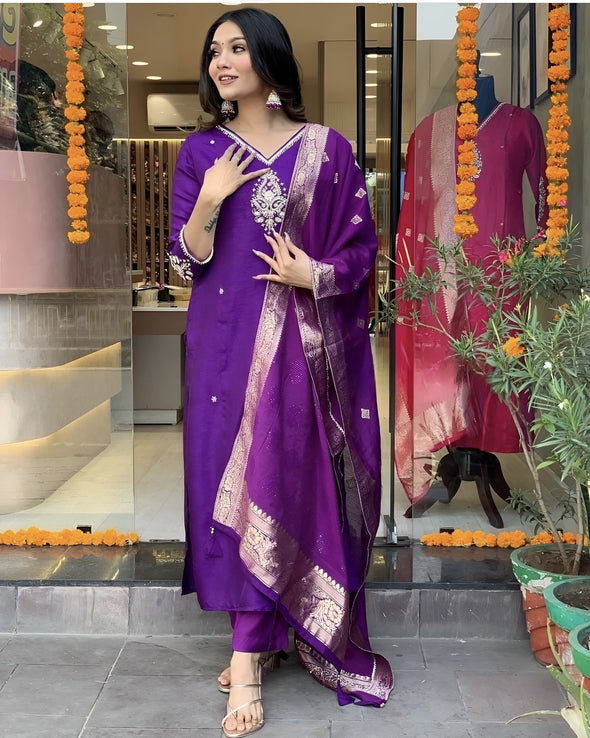 Purple cotton silk embroidered straight kurta set with dupatta - Prisachi Official