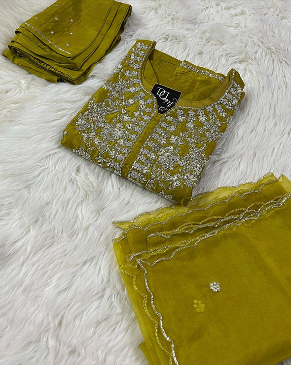 Maslin Designer Embroidery with Zardosi Yellow - Prisachi Official