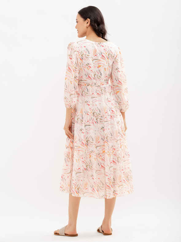 Abstract Printed Bishop Sleeve  Gathered Detailed Wrap Midi Dress