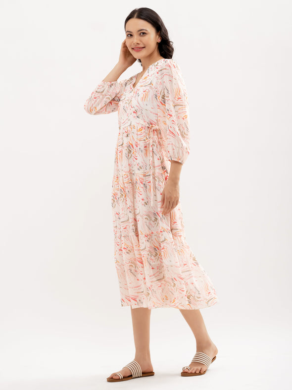 Abstract Printed Bishop Sleeve  Gathered Detailed Wrap Midi Dress