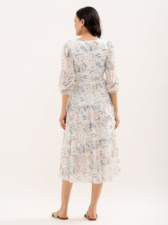 Abstract Printed Bishop Sleeve  Gathered Detailed Wrap Midi Dress