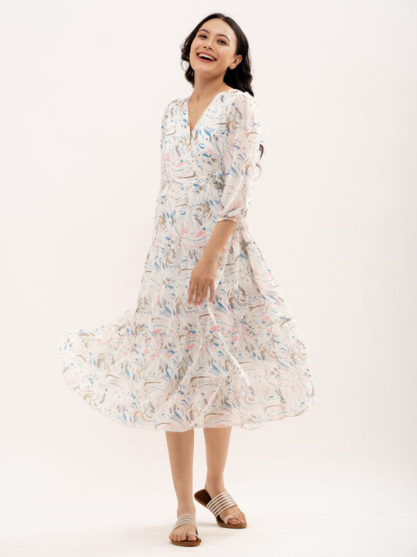 Abstract Printed Bishop Sleeve  Gathered Detailed Wrap Midi Dress