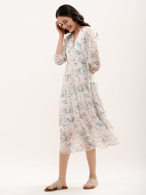 Abstract Printed Bishop Sleeve  Gathered Detailed Wrap Midi Dress