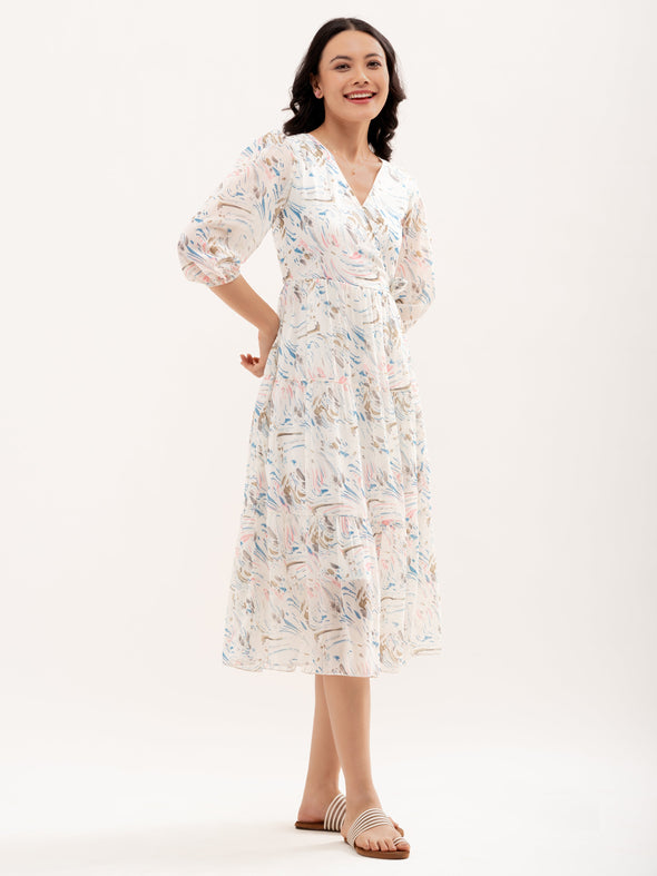 Abstract Printed Bishop Sleeve  Gathered Detailed Wrap Midi Dress