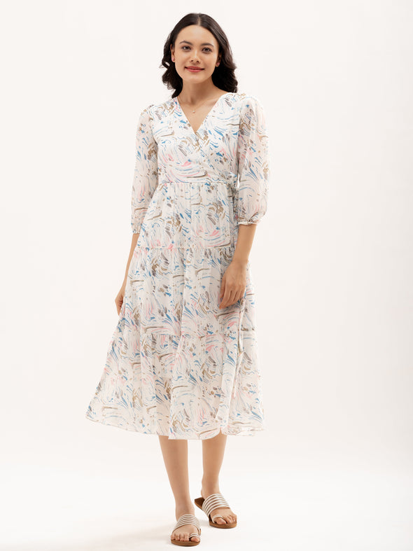 Abstract Printed Bishop Sleeve  Gathered Detailed Wrap Midi Dress