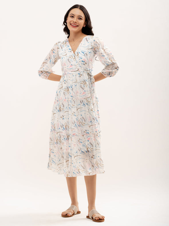 Abstract Printed Bishop Sleeve  Gathered Detailed Wrap Midi Dress