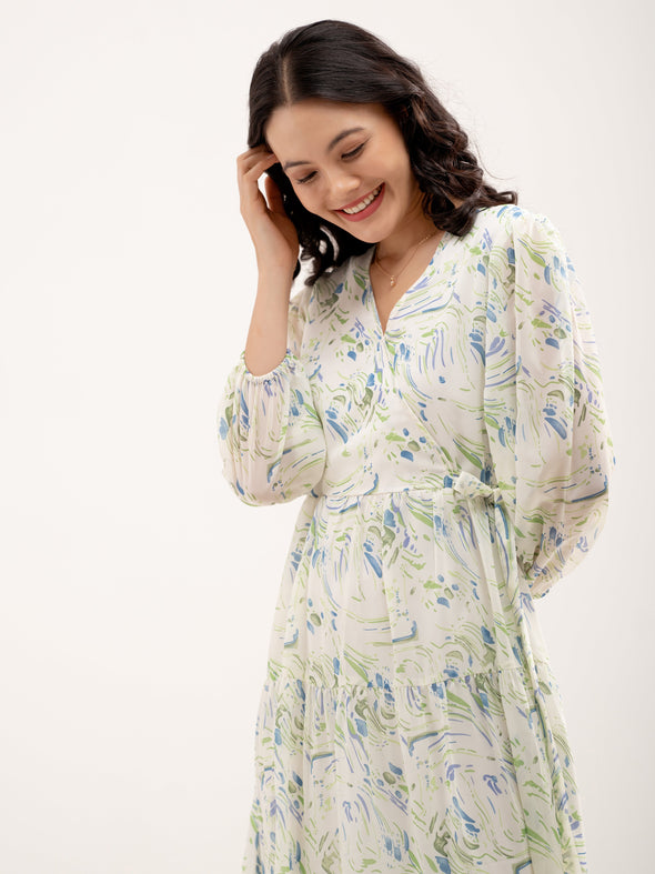 Abstract Printed Bishop Sleeve  Gathered Detailed Wrap Midi Dress