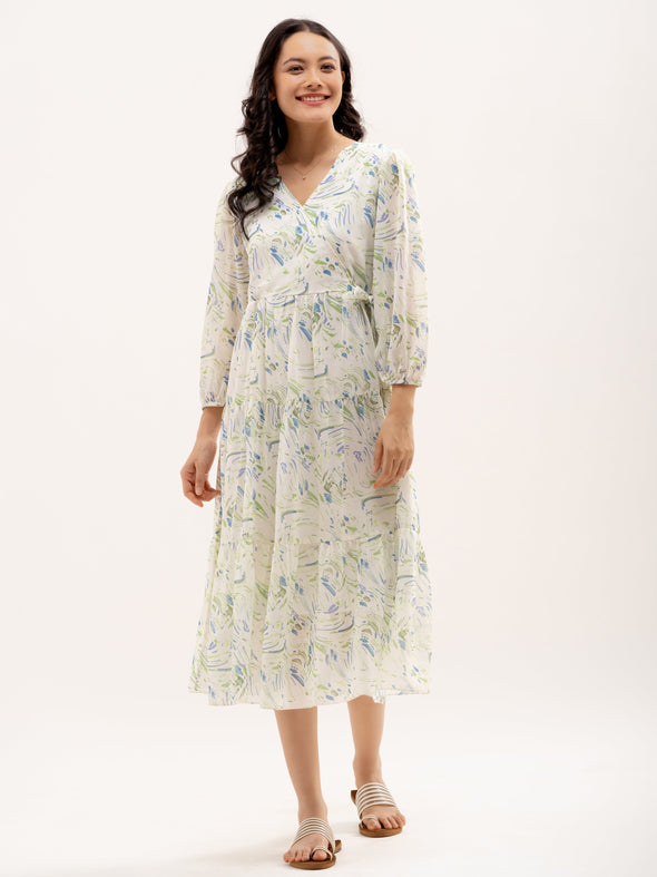 Abstract Printed Bishop Sleeve  Gathered Detailed Wrap Midi Dress