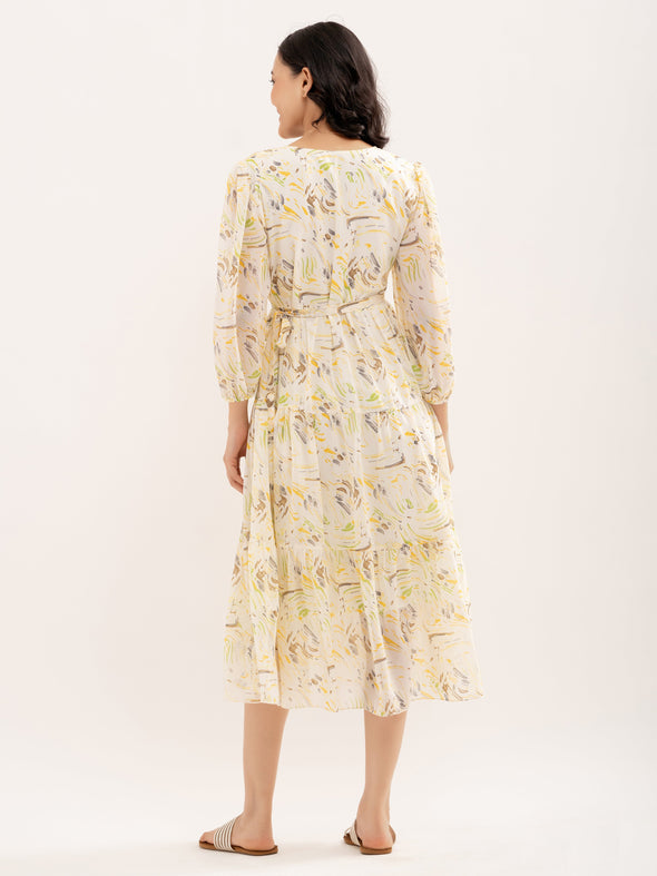 Abstract Printed Bishop Sleeve  Gathered Detailed Wrap Midi Dress