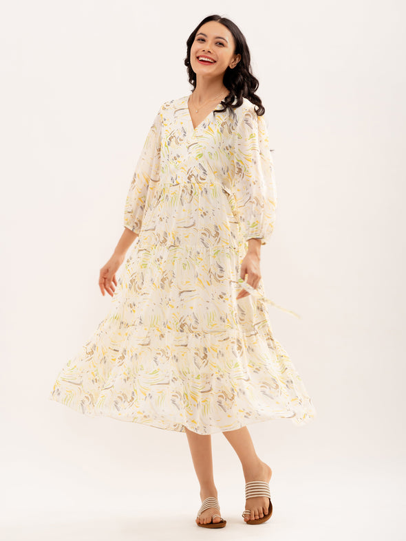 Abstract Printed Bishop Sleeve  Gathered Detailed Wrap Midi Dress
