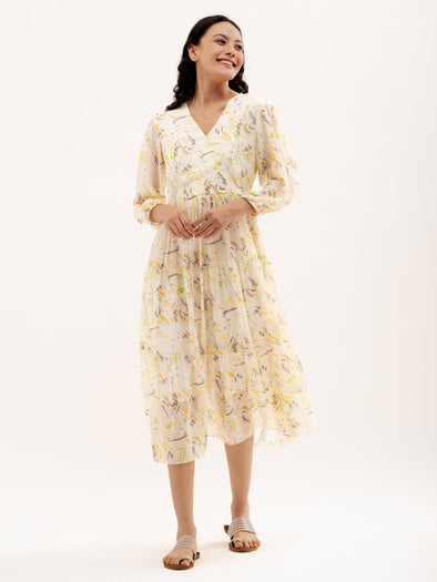 Abstract Printed Bishop Sleeve  Gathered Detailed Wrap Midi Dress