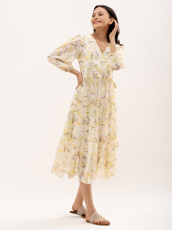 Abstract Printed Bishop Sleeve  Gathered Detailed Wrap Midi Dress