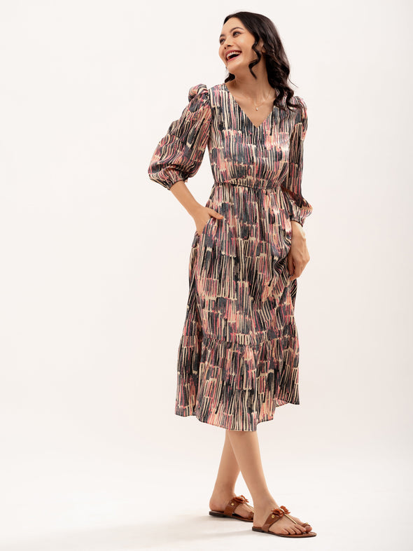 Abstract Printed Puff Sleeve  Gathered Detailed Fit  Flare Dress