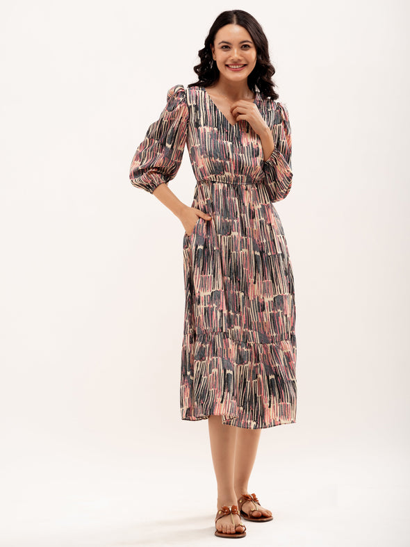 Abstract Printed Puff Sleeve  Gathered Detailed Fit  Flare Dress