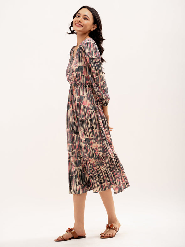 Abstract Printed Puff Sleeve  Gathered Detailed Fit  Flare Dress