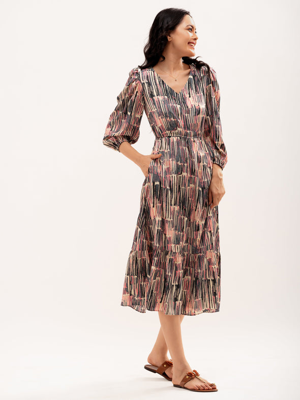 Abstract Printed Puff Sleeve  Gathered Detailed Fit  Flare Dress