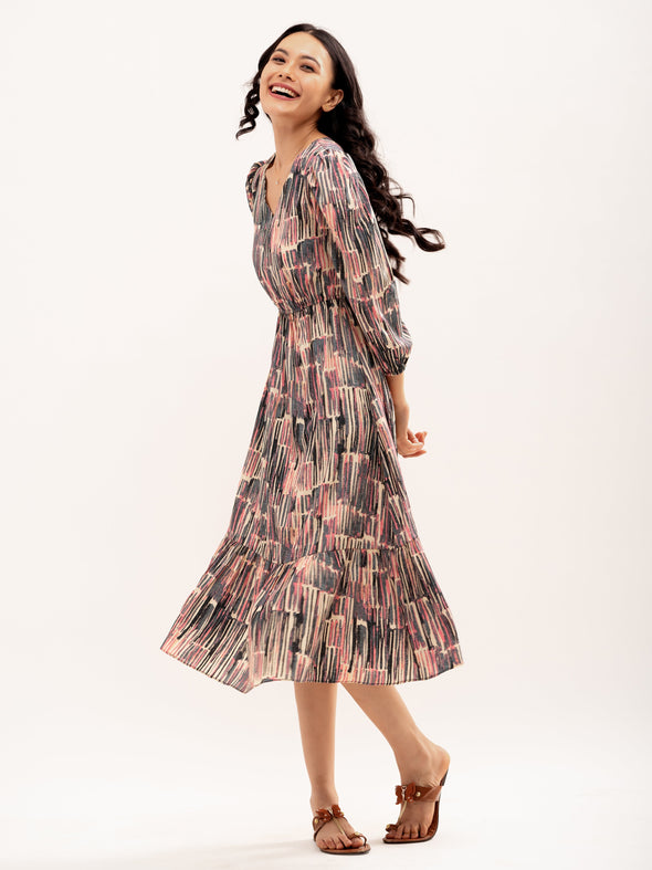 Abstract Printed Puff Sleeve  Gathered Detailed Fit  Flare Dress