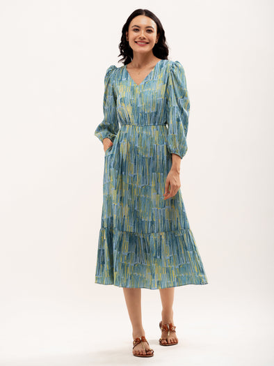 Abstract Printed Puff Sleeve  Gathered Detailed Fit  Flare Dress