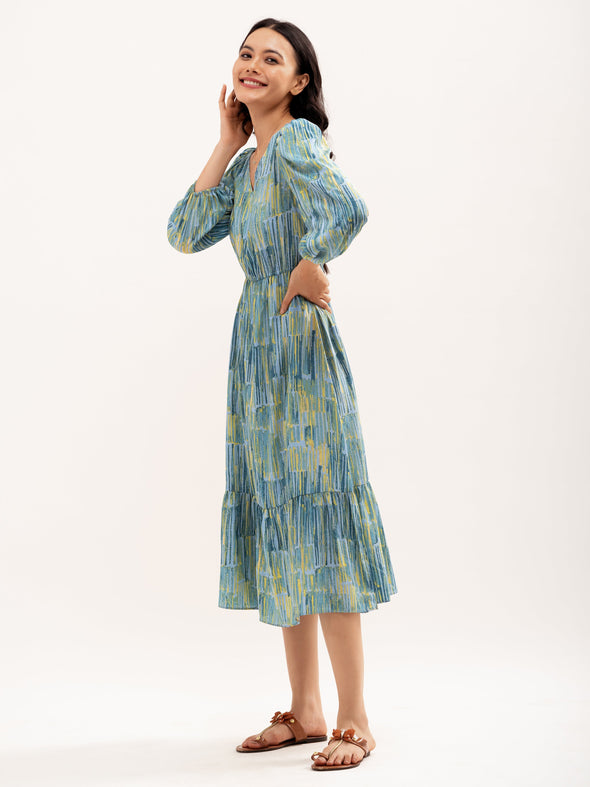 Abstract Printed Puff Sleeve  Gathered Detailed Fit  Flare Dress