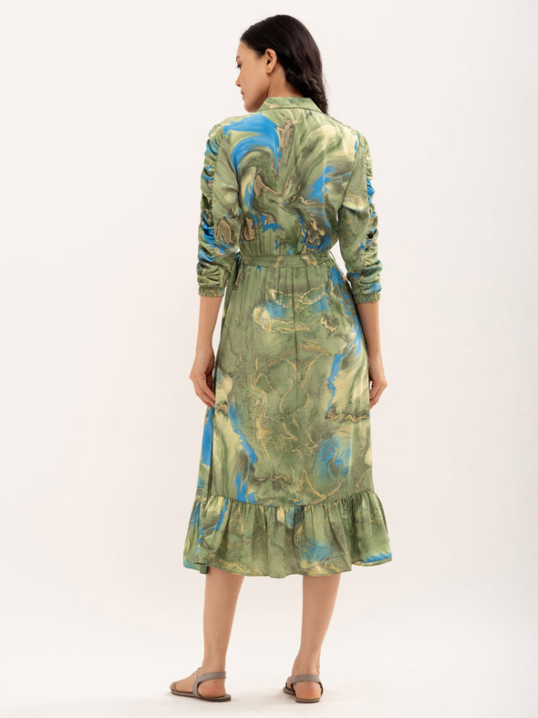 Abstract Print Shirt Collar Belt Detailed Fit  Flare Midi Dress