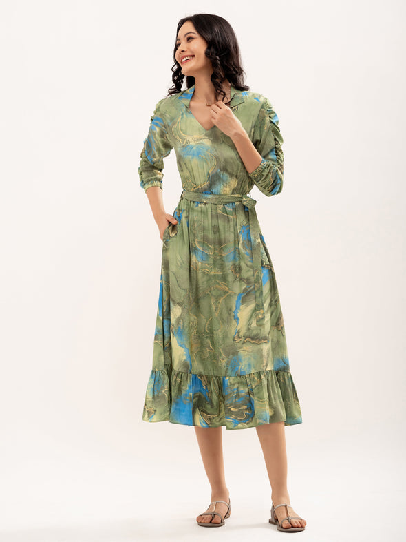 Abstract Print Shirt Collar Belt Detailed Fit  Flare Midi Dress