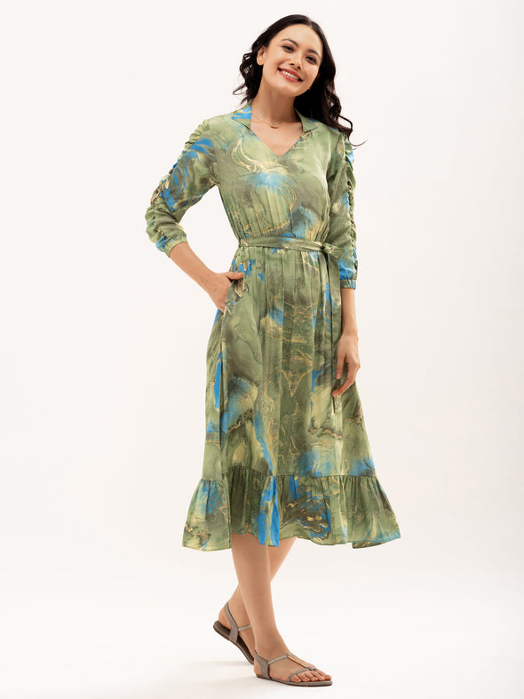 Abstract Print Shirt Collar Belt Detailed Fit  Flare Midi Dress