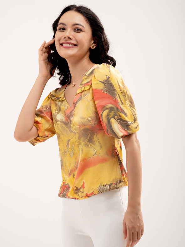 Abstract Printed Puff Sleeves Top