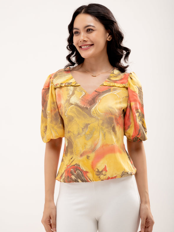 Abstract Printed Puff Sleeves Top