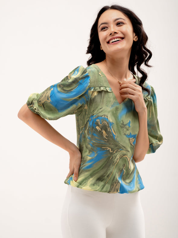 Abstract Printed Puff Sleeves Top