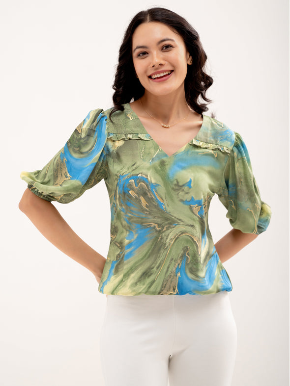 Abstract Printed Puff Sleeves Top