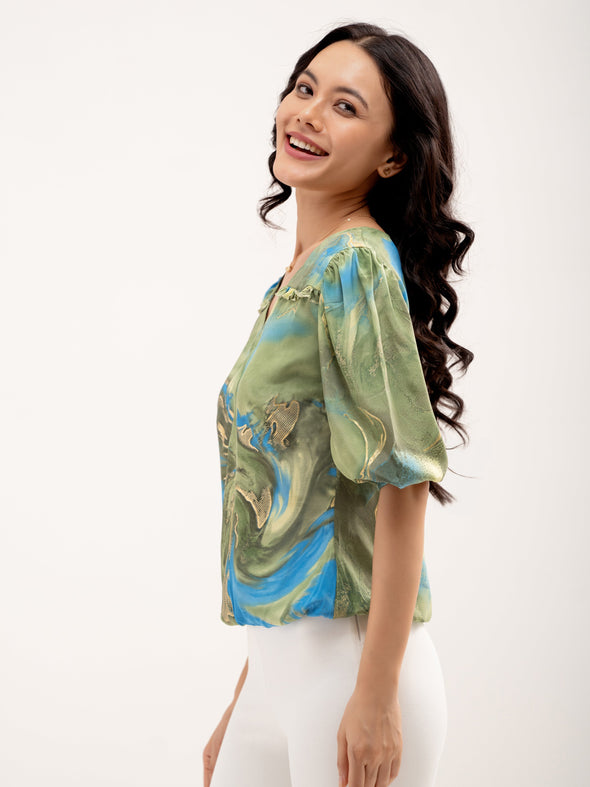 Abstract Printed Puff Sleeves Top