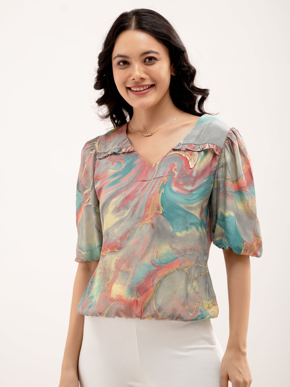 Abstract Printed Puff Sleeves Top