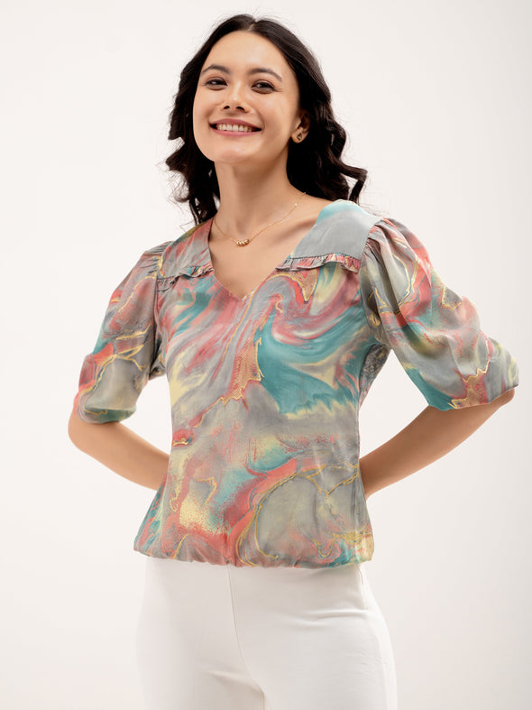 Abstract Printed Puff Sleeves Top