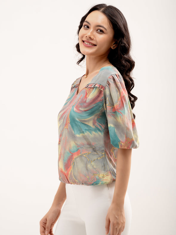 Abstract Printed Puff Sleeves Top