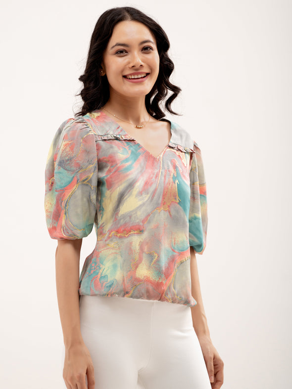 Abstract Printed Puff Sleeves Top