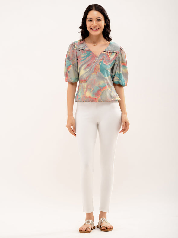 Abstract Printed Puff Sleeves Top