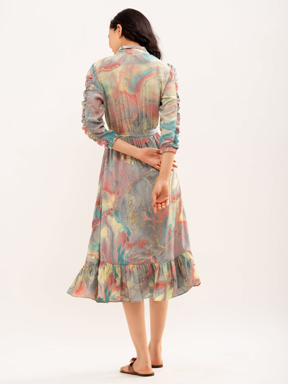 Abstract Print Shirt Collar Belt Detailed Fit  Flare Midi Dress