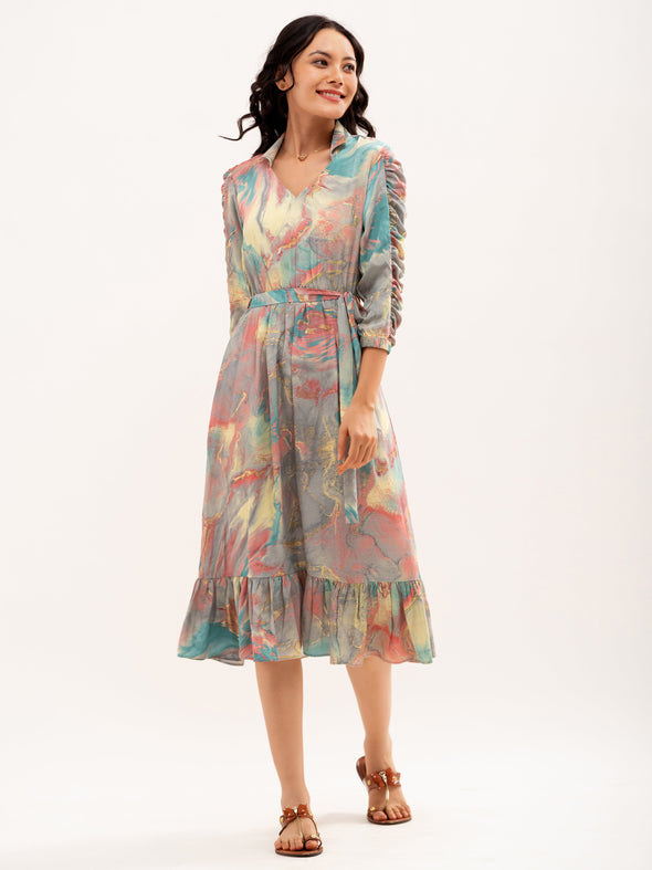Abstract Print Shirt Collar Belt Detailed Fit  Flare Midi Dress