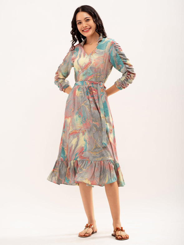 Abstract Print Shirt Collar Belt Detailed Fit  Flare Midi Dress