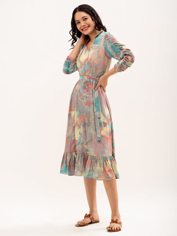 Abstract Print Shirt Collar Belt Detailed Fit  Flare Midi Dress