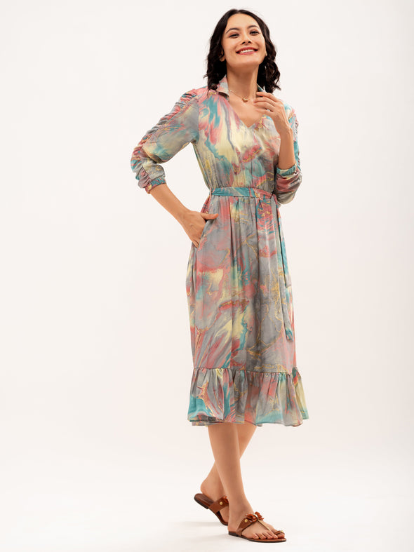 Abstract Print Shirt Collar Belt Detailed Fit  Flare Midi Dress