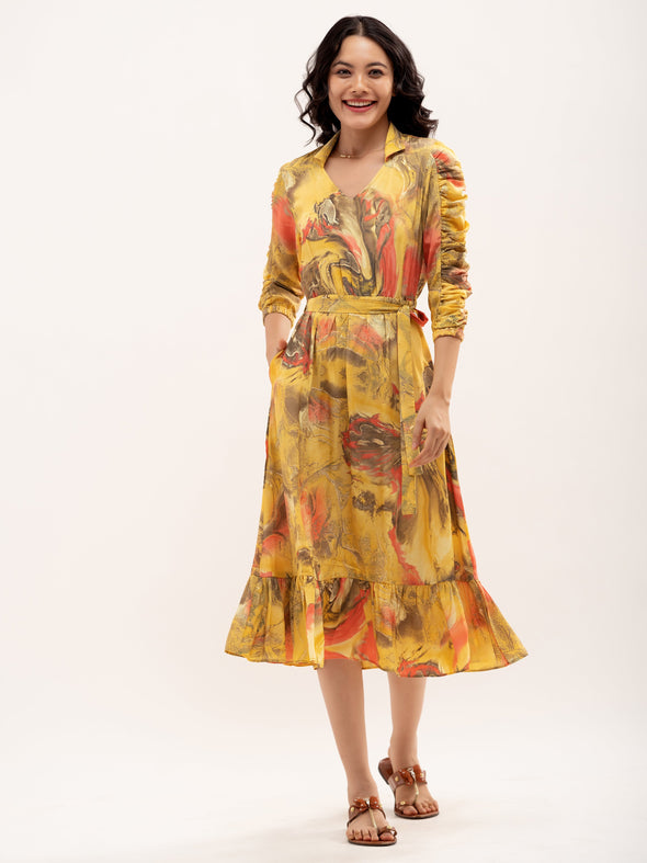 Abstract Print Shirt Collar Belt Detailed Fit  Flare Midi Dress