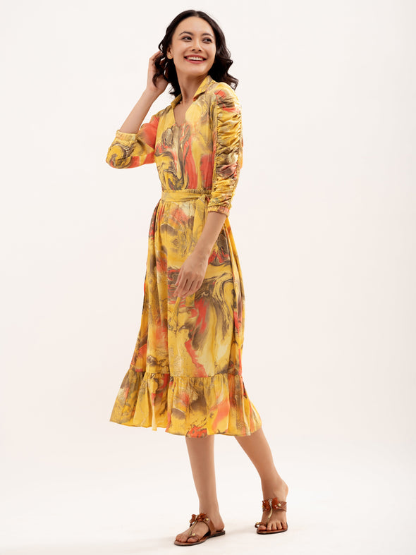 Abstract Print Shirt Collar Belt Detailed Fit  Flare Midi Dress
