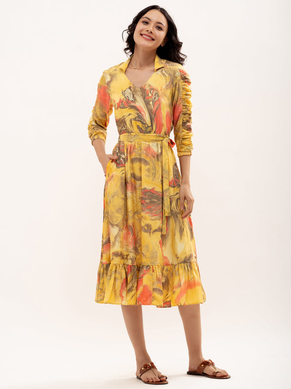 Abstract Print Shirt Collar Belt Detailed Fit  Flare Midi Dress