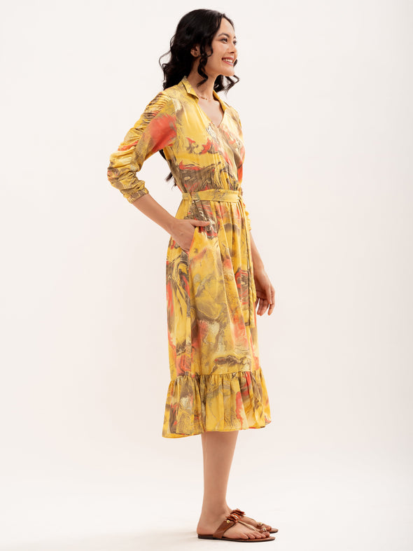 Abstract Print Shirt Collar Belt Detailed Fit  Flare Midi Dress