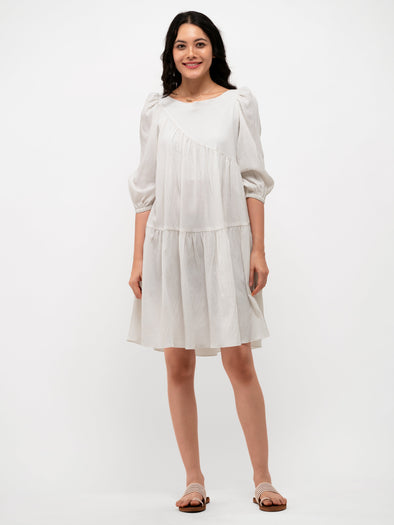 Boat Neck Puff Sleeves A-Line Dress