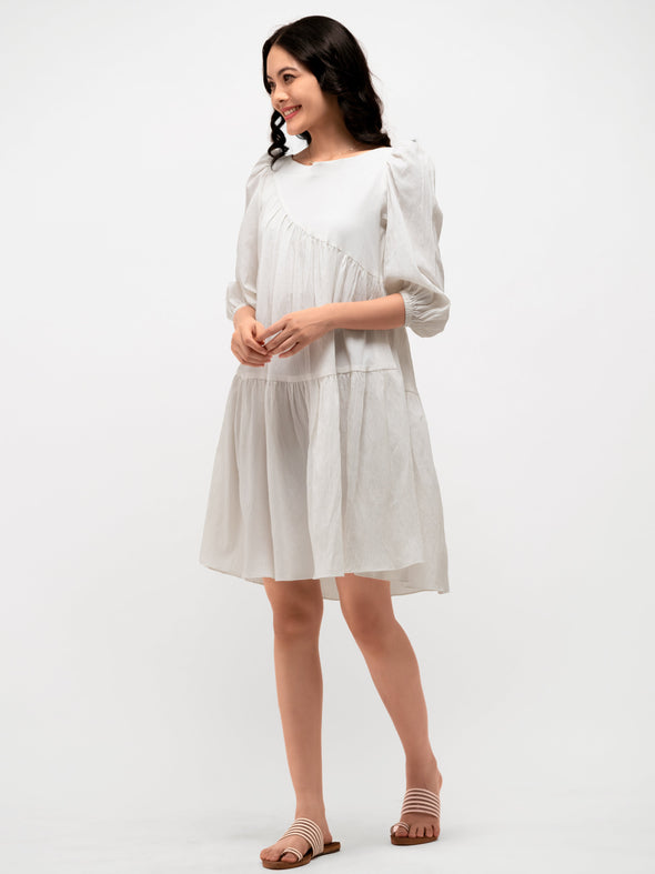 Boat Neck Puff Sleeves A-Line Dress